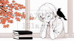 秋の読書を楽しむ若い女性｜静かで落ち着いた秋の日のイラストポートレート（シンプルな色使い）｜9323635-18118