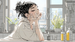 スキンケアを念入りに行う若い女性 | 916543-15899