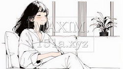 ソファでクッションを抱えてくつろぐ若い女性（シンプルな色使い） | 916861-16788