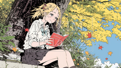読書の秋：紅葉の木の下で本を読んでいる若い女性｜9190619-10820