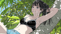 山原の木陰で下着姿で涼んでいる若い女性