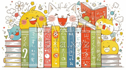 みんな本が大好き：読書週間や読書を促すためのかわいい挿絵・背景画 | 9209077-5392