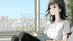 のんびり・ゆったり：窓辺でリラックスして本を読んでいる若い女性｜9212825-6421
