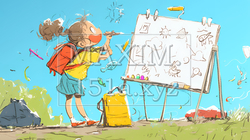小学生の夏の思い出：お絵かき（クレヨン＋水彩画風）