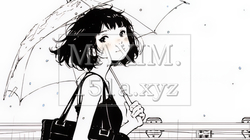 雨の日に傘をさして歩く若い女性（シンプルな色使い）｜9254629-16235