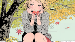 紅葉の秋の街を歩く若い女性