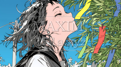 七夕飾りと制服を着た女子高生｜