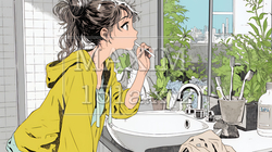 洗面所で朝の歯磨きをする若い女性 | 9247551-16895
