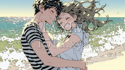 夕方の海辺でハグする（抱き合う）若い恋人たち