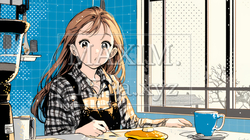 早朝のダイナー（喫茶店）でパンケーキ（モーニングセット）を食べる若い女性｜9261224-15647