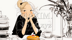 早朝のダイナー（喫茶店）でパンケーキ（モーニングセット）を食べる若い女性（シンプルな色使い）｜9261363-15425
