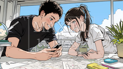 仲良く二人で旅行の計画を立てている若いカップル｜9269284-8386