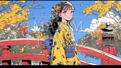 紅葉に包まれた中、着物を纏った若い女性が佇んでいる