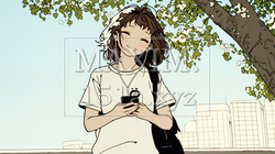 嬉しそうな表情でスマホを使っている女性（シンプルな色使い）｜9278830-17337