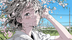 満開の桜の下、春風に乱れた髪を整える若い女性｜9287698-15731