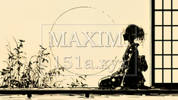 月見をしている和服姿の若い女性（シンプルな色使い）｜9291930-15244