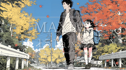 紅葉の小径を仲良く歩く少女と父親