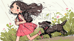 愛犬と散歩をしている女の子（クレヨン＋水彩画風）｜9269284-8386