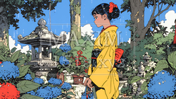あじさいの小径を和服で歩く若い女性｜