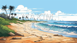 南国の島の浜辺と青い空のイラスト | 9307732-20079