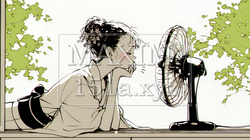 暑い夏の昼下がり、扇風機にあたって涼んでいる若い女性（シンプルな色使い）｜9310786-13164