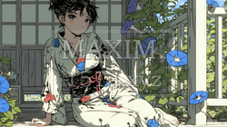 アサガオと浴衣姿の若い女性 | 932061-9714