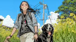 愛犬と散歩している若い女性