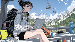 スキーリゾートに来ているのにPCを手放せない若い女性｜9325833-7582