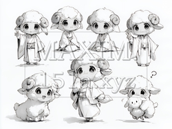 かわいい羊の擬人化ポーズ集｜白黒線画の干支・年賀状向けイラスト素材｜9338522-20569