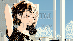 朝の目覚ましを止めて伸びをしている若い女性｜9340312-5630
