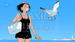一人旅の若い女性と夏のビーチの風景（シンプルな色使い）｜9647559-10031