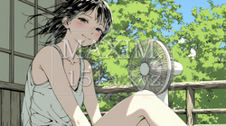 暑い夏の昼下がり、扇風機にあたって涼んでいる若い女性｜9357935-13309
