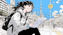 一人旅の旅先、街角で足を止めて道を確かめる若い女性｜9358253-8295