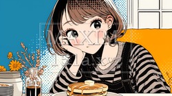 早朝のダイナー（喫茶店）でパンケーキ（モーニングセット）を食べる若い女性｜9367033-12424