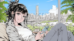 楽しそうにスマホ画面を眺めている若い女性