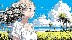 晴れた夏の日、若い女性が沖縄の海沿いの公園を散策中