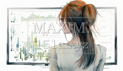 モニターに表示された株価チャートと注文画面を見つめる女性トレーダーの後ろ姿。 | 9387682-3874