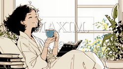 リビングで紅茶を飲んでいる女性（シンプルな色使い）｜9396539-13559