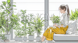 観葉植物の世話をする若い女性｜9397312-6680
