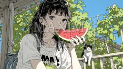 スイカを縁側で食べている若い女性｜9406311-7566