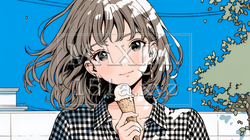 夏空の下でソフトクリーム（コーンに乗ったアイスクリーム）をたべる若い女性｜9557829-9945