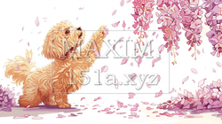 トイプードルと散りゆく藤の花：鉛筆＋水彩 | 9430444-20428