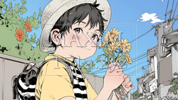 花摘みをしている幼い男の子