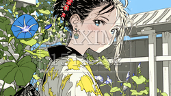 アサガオと浴衣姿の若い女性｜9439244-5322