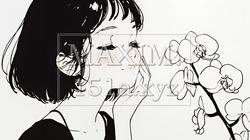 蘭の花と若い女性（シンプルな色使い）｜9440754-7689