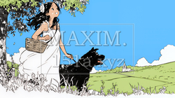愛犬と散歩している若い女性（シンプルな色使い）｜9403154-10892