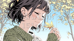 落ち葉をつまんで眺める若い女性｜秋を感じる女性のイラスト｜9263414-20483