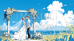 海辺で結婚式を挙げている若い男女｜9460279-6390
