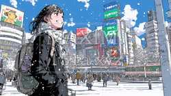 雪の積もる冬の都会を散策している若生女性｜9468854-15840