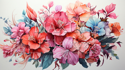 南国の花々が咲き乱れる庭：水彩画｜9711345-8690